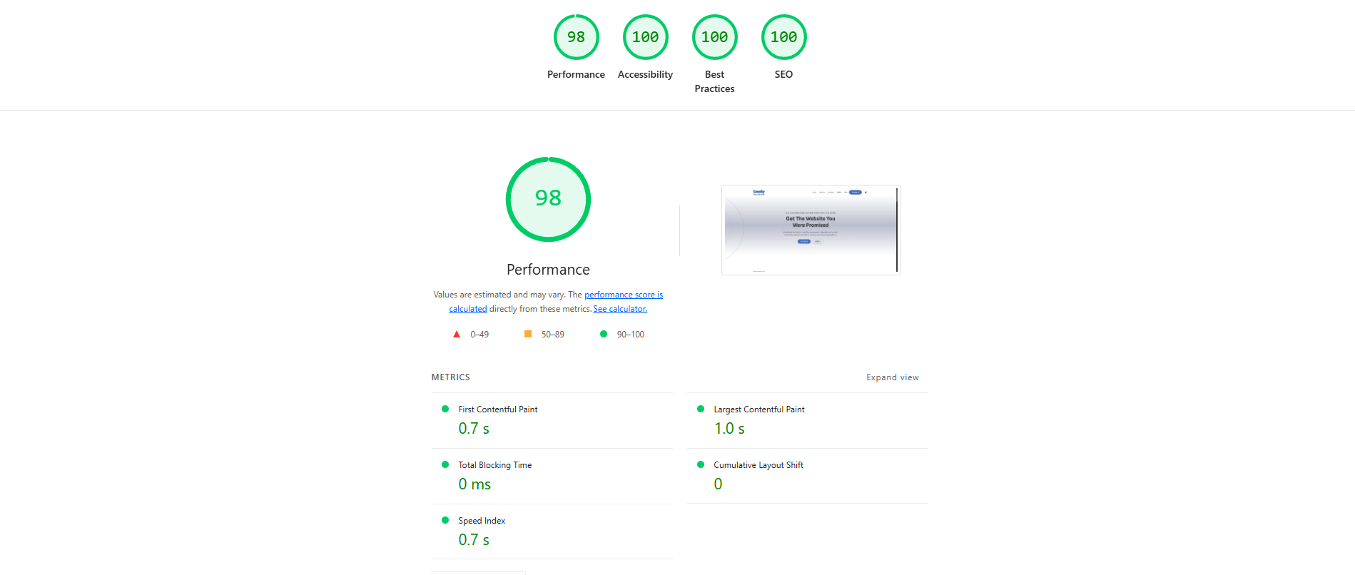 A google pagespeed test with good scores